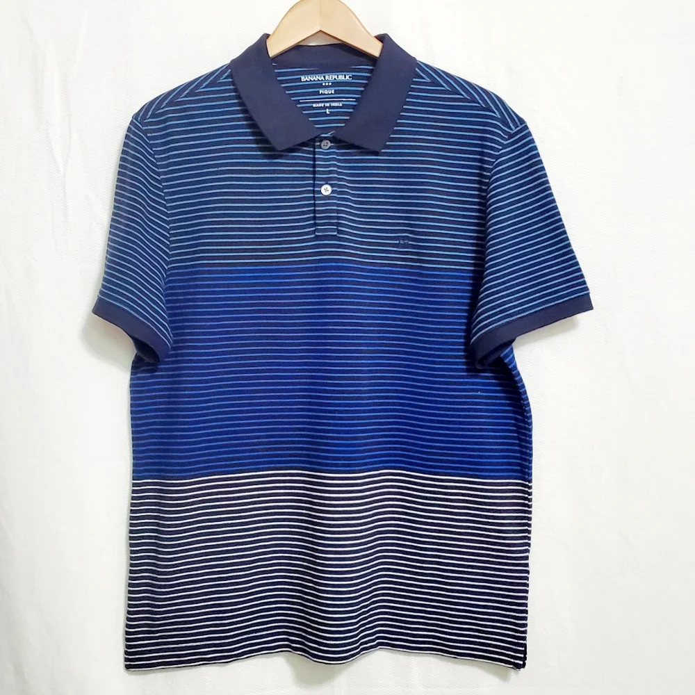 Banana Republic Polo Shirt Cotton Pique Blue Striped Colorblock Mens Large